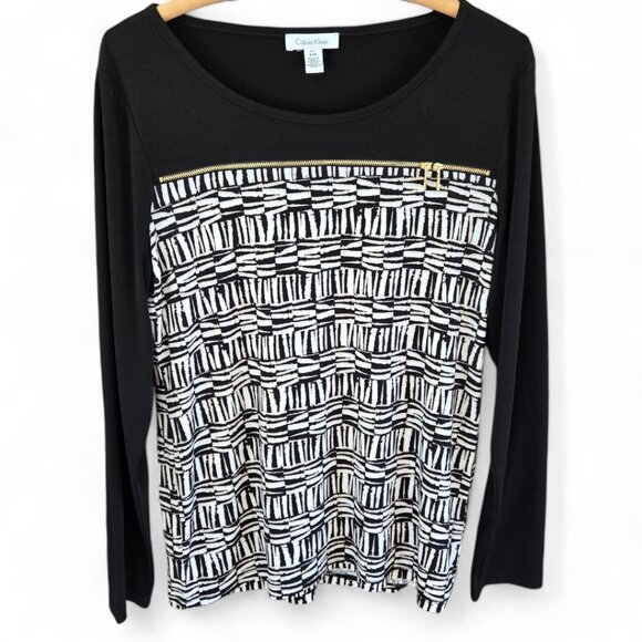 Calvin Klein Tops - Calvin Klein Womens Long Sleeve Boat Neck Top With Zipper Accent Black & White